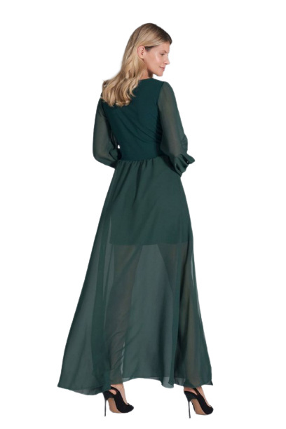 Sukienka Maxi Z Dekoltem V Długi Szyfonowy Rękaw - zielona